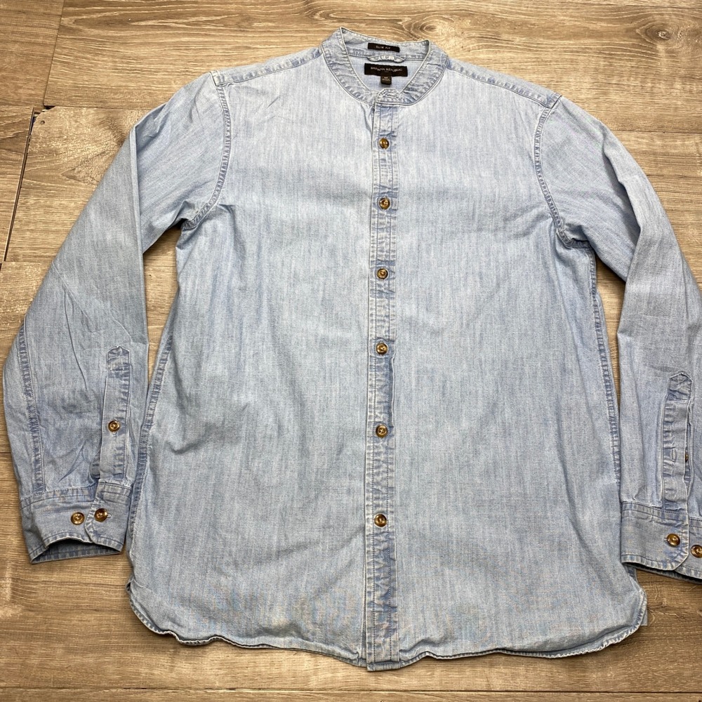 Banana Republic Slim Fit Chambray Band Collar Shirt Mens Medium Blue